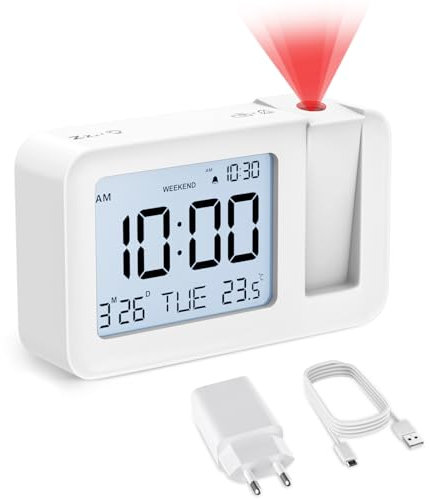 CHEREEKI Sveglia con Proiettore,Sveglia da Comodino Digitale con 120° di Rotazione Proiettore,Temperatura,4 Livelli Luminosità e Snooze,Calendario e settimana,per Camera da Letto, Soggiorno