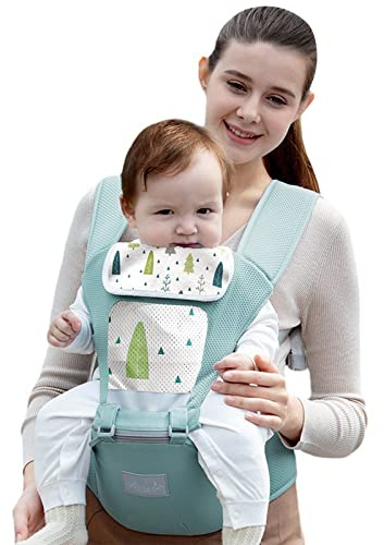 SONARIN Lätt andningsbar bärsele med höftsäte, multifunktionell ergonomisk höftsits bärsele barnbärare ryggsäck främre bärare med salivhandduk i 0-36 månader (grön)