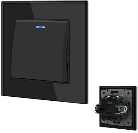 BSEED Lichtschalter Unterputz mit Steckklemme, Lichtschalter Glas 1 Fach 1 Weg, Taster Schalter Unterputz mit LED Kontrollleuchte, Light Switch Wandschalter für Wohnzimmer, Büro, Küche-Schwarz