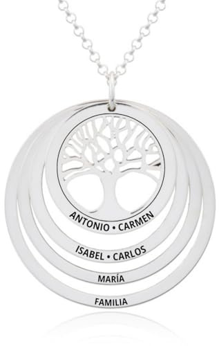 Collar Árbol de la Vida en Plata de Ley 925 personalizable. Cadena de 45cm. Regalo ideal madre abuela con nombres familia. Cumpleaños, Navidad. Hecho en España. (Collar Árbol de la Vida + 3 Aros)