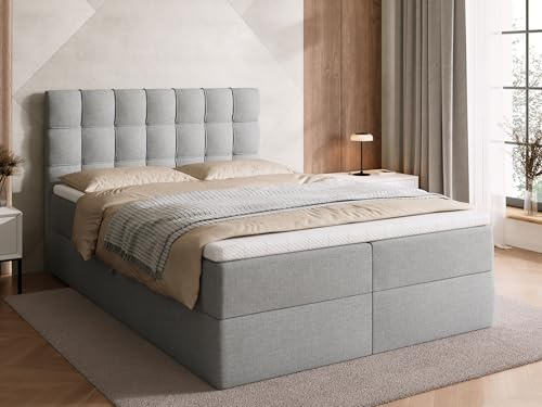 BROMARKT Boxspringbett mit Bonell Matratze und Bettkasten Doppelbett mit Topper 140x200cm Härtegrad H3 Bett für Schlafzimmer gepolsterte Kopfstütze Detroit Hellgrau