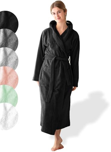 SIEGENTHAL® Damen Bademantel Frottee Velours 100% Baumwolle mit Kapuze Flauschig - Schwarz S - M