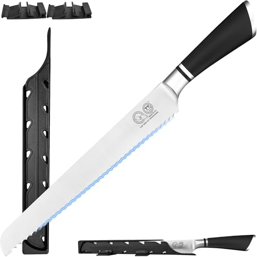 XYJ 9 tums brödkniv med sheath, rostfritt stål, sågad kökskniv, ergonomiskt handtag, sågad brödskärningskniv för hemgjord brödkaka