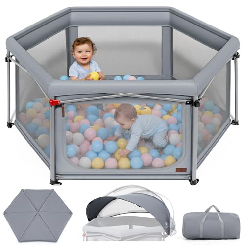 Ever Advanced Foldable Baby Playpen with 3cm Mat, Baby Beach Tent with 180° Rotatable Canopy, Outdoor & Indoor Playpen, Folding Kids Beach Tent with Sunshade, Portable Playard for Babies, Toddler Grey