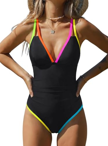 popvil Women's Tummy Control Swimsuits One Piece Neon Color Block Swimwear Deep V Neck Slimming Bathing Suit