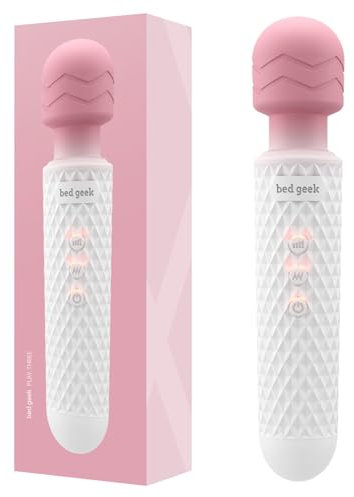 bed geek Wand Massaggiatore Portatile Senza Fili – Impermeabile, Ricaricabile USB, 20 Modalità di Vibrazione, 8 Velocità, Funzione Memoria, Silicone Morbido per la Pelle per un Rilassamento Totale