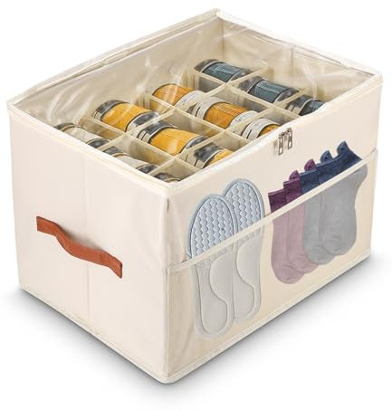 Goxiry Organisateur de chaussures peu encombrant avec couvercle transparent - Boîte à chaussures à 12 compartiments avec poche en filet et poignée de transport - Pour chaussettes, chaussures, baskets