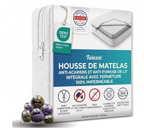 Twinzen - Housse Matelas 140 x 190 x 25 cm Anti-Acarien et Punaises de Lit - Housse de Matelas 140x190 cm avec Fermeture Éclair - Bi-Ome et Oeko-Tex