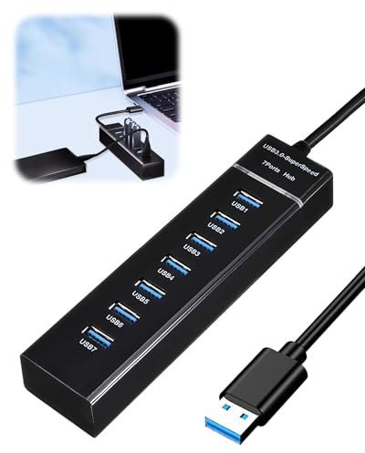 teasteam Hub USB 3.0 7Ports - Multiprise USB avec 1m Câble pour PC Bureau - Hub Alimenté - 5Gbps Transmission - Charge Rapide - Port USB-C Multiple pour Laptop MacBook Souris Clavier Disque U etc.