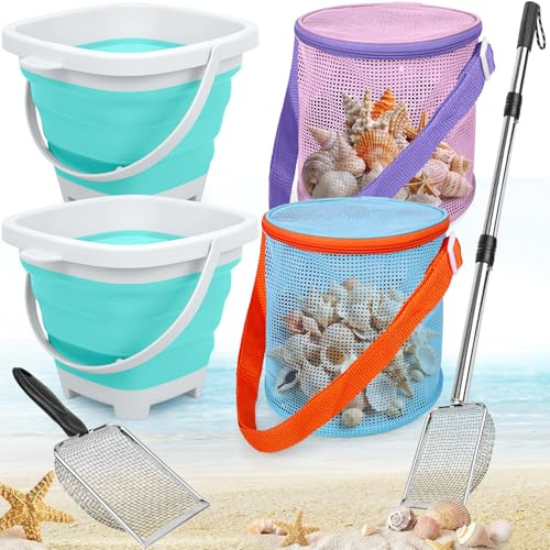 Upgraded Beach Sand Sifter Set - 6Pcs Shark Tooth Sifter & Shell Scooper with Extendable Mesh Scoops, Collapsible Buckets & Mesh Seashell Bags | Beach Scoop Shovel Tool for Shark Teeth Hunting
