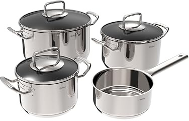 Rostique Juego de 4 utensilios de cocina de acero inoxidable, olla de 16 cm, olla de 16/20/24 cm, apta para todo tipo de fuegos, con tapa de cristal