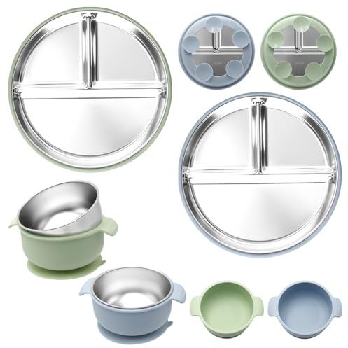 Nokwocy 2 Stück Edelstahl Babyteller mit Saugnapf + 2 Stück Edelstahl Breischale Baby Schüssel mit Saugnapf, Abnehmbare Silikonhülle Kinder Geschirr Set, BPA-Frei, Spülmaschinenfest (BlueGreen)