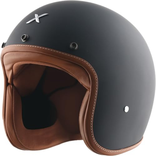 HXP Retro Jethelm Motorradhelm Mopedhelm in Schwarz Leder mit Innenfutter in Braun Leder | Größen XS–XL | ECE 22.06 Zertifiziert | ABS-Hartschale | Motorrad Helm Scooter Helm Halbschalenhelm