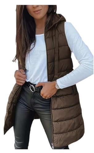 Chaleco largo de plumas for mujer, chaqueta gruesa con capucha, sin mangas, for invierno