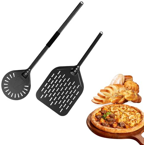 TECKZOON pizzaspade och vändbara set, 30 cm rund spade (80 cm handtag) 20 cm fyrkantig vändare (40 cm handtag), Aluminium, halkfritt komforthandtag, för hemmet pizza och bröd bakning