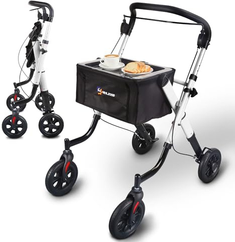 Smal rollator för lägenhet, inomhus rollator vikbar och lätt med transportväska & bricka, aluminium lägenhetsrollator, höjdjusterbar, tyst anti-slip däck, rollatorer för äldre