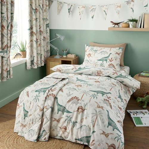 Happy Linen Company Juego de ropa de cama reversible suave y fácil de cuidar, con funda de almohada, diseño de dinosaurio Saurus Scandi Saurus, color marfil