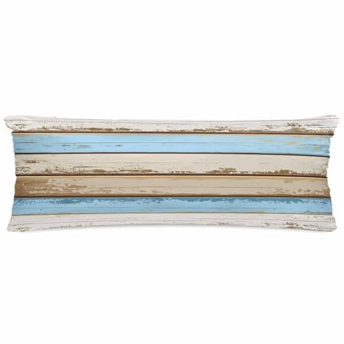 Gusidachig Vintage Blue Brown Satin Pillowcase for Hair and Skin with Zipper, Soft Breathable Cooling Silk Pillow Cases, Retro Country Shabby Wood Grain Body Pillow Covers Bed Pillows 20x54