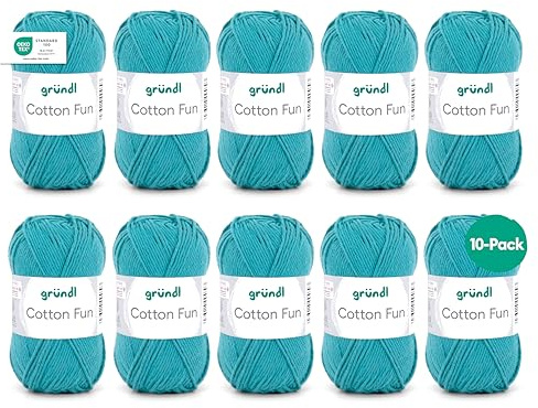 Gründl Wolle Cotton Fun - Wolle zum Häkeln - Strickgarn - Häkelgarn - Pflegeleicht und hautfreundlich - 100% Baumwolle - 10 Knäuel 50 g / 115 m - Nadelstärke 3-4 - Türkisblau