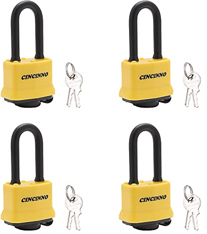 CINCINNO 4 Pack Heavy Duty Covered Laminated Steel Padlocks Keyed Alike, Weatherproof Padlocks with 1-9/16 in. Wide Body, Long Shackle for Gate, Shed, Storage Locker Lock
