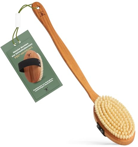 Hållbar kroppsborstning: badborste av trä och naturborstar. TYP: MJUK (svinborste). Kroppsborste, ryggborstar med långt handtag, våtborste och torrborste. 100 % tysk produktion