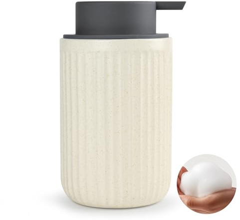 ABBI NIMO Dispenser di schiuma per sapone manuale in ceramica beige, dispenser di schiuma increspata maculata increspata, dispenser di schiuma di sapone da 350 ml con pompa grigia, dispenser di sapone