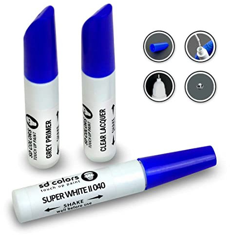 SD COLORS 12 ML Peinture de Retouche avec Pinceau, Vernis Transparent et Apprêt - Super White II (040) - Compatible avec Toyota - Réparation de Rayures, Éclats et Peinture.