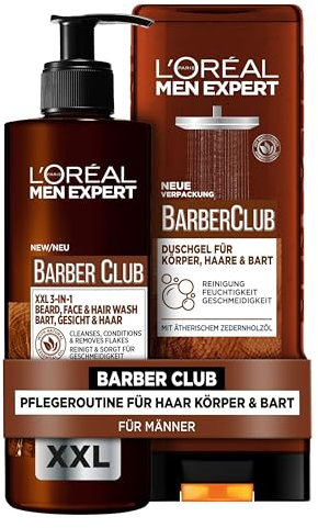 L'Oréal Men Expert Pflegeset mit Bartshampoo und XXL Duschgel, Für Körper, Haare und einen gepflegten Bart, Mit Zedernholzöl, Barber Club, 2-teilig