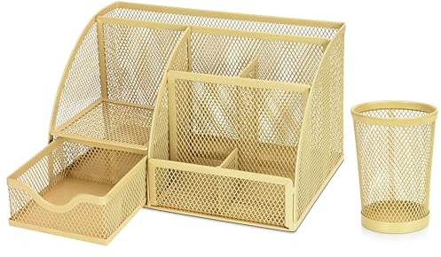 Flexzion Desk Caddy Organizer Set (Rose Gold) - Metal Mesh Desktop Caddy with Drawers, 6 Compartments, and Pencil Holder for Women & Men - Desktop Organizer and Storage for Work or Office Supplies