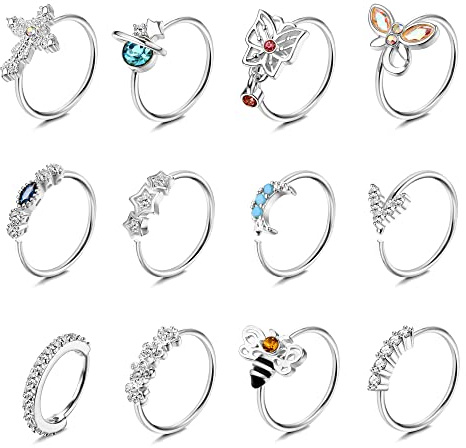 Dochais 12 aros de nariz de 20 g para mujer, de acero inoxidable quirúrgico, piercing de nariz, piercing de nariz, cartílago, joyería