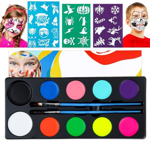 Bodypainting Farben, Wasservermalbar Kinderschminke Fasching, Größere 10 Farben mit 2 Pinseln 28 Schablonen Schminkfarben für Halloween Karneval, Auf Wasserbasis & Ungiftig