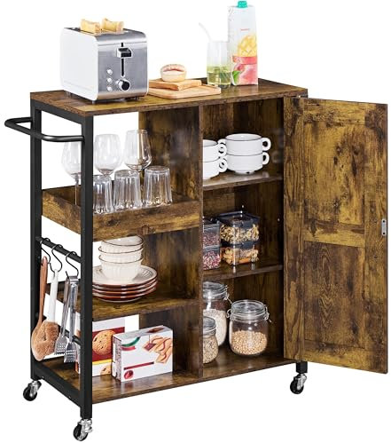 Yaheetech Rolling Kitchen Island Storage Trolley on Wheels with Cabinet & Side Handle & Adjustable Shelves, Utility Sevring Cart with S-Hooks for Dining Room/Living Room, Rustic Brown