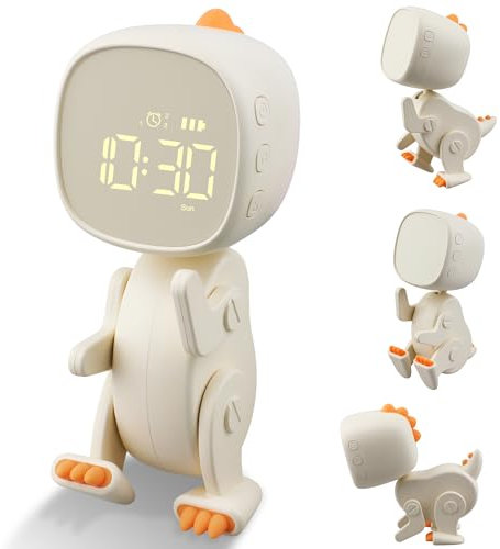 Ayybboo Digitaler Kinder Wecker Jungen Mädchen,Drei Alarmes,Dinosaurier Wecker mit Variabler Form,Schlummer, Nachtlicht Timer,6 Weckmusik,Einstellbare Helligkeit und Lautstärke,Interne Batterie（Beige）