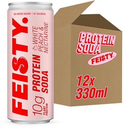 Feisty Drinks Protein Soda – White Peach and Nectarine | 12x330ml | 10g Plant-Based Protein, Essential Amino Acids, No Artificial Ingredients, No Added Sugar, Dairy-Free, Low-Calorie