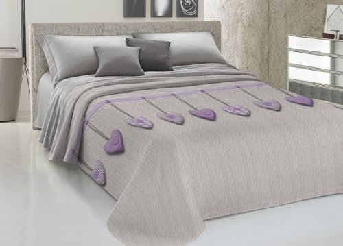 BIANCHERIAWEB Colcha de piqué para primavera y verano, 100% algodón, diseño de corazón colgante, matrimonial, lila