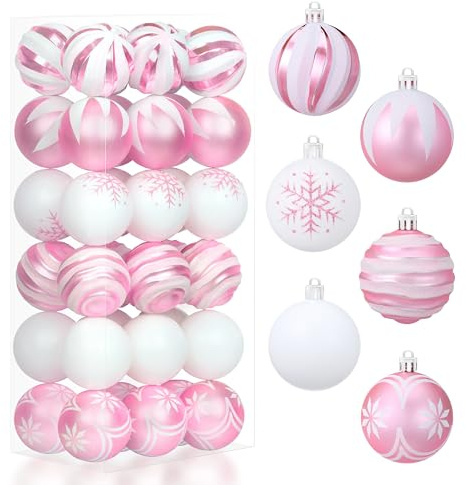 JOIEDOMI 36-teiliges rosa und weißes Weihnachtskugel-Ornament-Set, 6 cm, bruchsichere Weihnachtsbaum-Ornamente, Weihnachtsdekoration zum Aufhängen für Baum, Geschenk, Geländer, Kranz, Girlande,