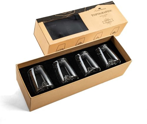 Alaskan MAKER Coffret de 4 shooters 6.5 cl - Borosilicate de qualité supérieure, soufflés artisanalement avec montagnes en relief | TOPOGRAPHIC (Everest, Mont Blanc, Pic du Midi & Matterhorn)