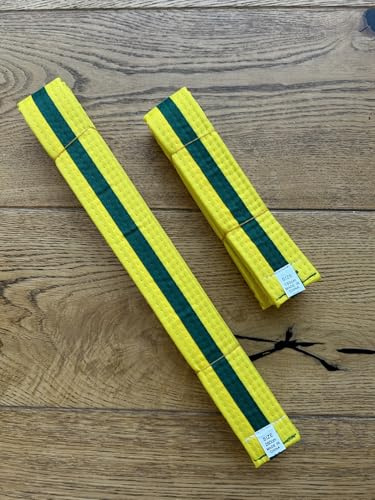MARTIAL ARTS STRIPED BELTS Kids & adults, KARATE, TAEKWONDO, JUDO, KICKBOXING, BELTS 150cm & 280cm (Yellow Belt, Green Stripe, 280cm)