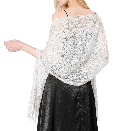 JJUNW Spitze Stola für Abendkleid, Damen Umschlagtuch mit Fransenkanten Blumen Umhang Schal Festlich Spitzenschal Netz Tücher für Hochzeit Party Abendkleider(Weiß)