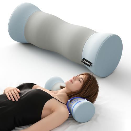 Ruizman Neck Roll Pillow - Memory Foam Round Neck Pillow for Sleeping - Cooling Cover Cervical Roll Pillow - Ergonomic Bolster Pillow for Neck, Leg, Back, Yoga, Relaxing (Grey Blue)