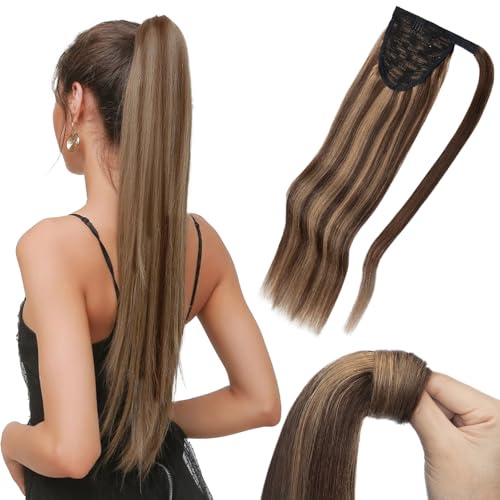 MY-LADY Posticci per Capelli Extension - 40cm Coda Capelli Veri Ponytail Wrap Around - Coda Capelli Extension Umani Lisci #4P27 Biondo Scuro/Marrone Medio 80g