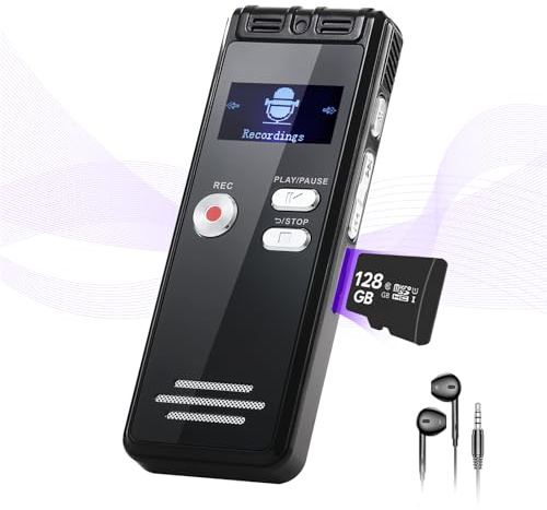 128GB NekSide Diktiergerät Aufnahmegerät, Type-C Interface Tonbandgerät One-Touch-Aufnahme MP3, 3072kbps Diktiergerät Digital Voice Recorder, HD Dual MIC Aufnahmegerät für Vortrag, Meeting, Interview