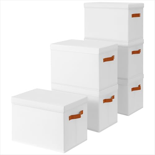 Homsorout Storage Bins with Lids - Fabric Storage Baskets for Shelves, 6 Pack Foldable Decorative Boxes with Handles, Stackable Organizer Bins for Home, Nursery, Dorm, White