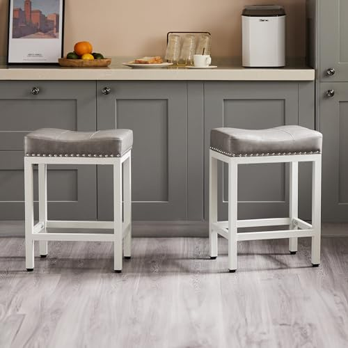 Sweetcrispy 24 inch Bar Stools Set of 2, Upholstered Modern Counter Height Bar Stools for Kitchen Island Modern PU Leather Sadless Stools Chair with Metal Base and Footrest, Grey