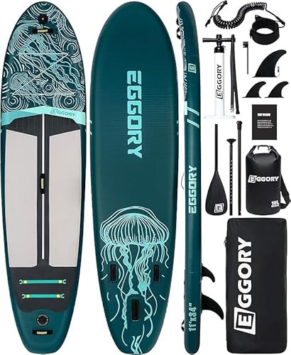 Tabla de Remo Inflable, Tabla de Surf de Remo Extra Ancha, Tabla de Surf con Aleta extraíble, Remo Flotante, Bomba de Mano, Bolsa Impermeable, Tabla de Viaje (Jelly Bosque)