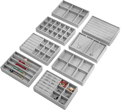 8 vassoi portagioie, organizer per gioielli, cassetto, organizer per gioielli, vassoio, inserti per cassetti, per donne, ragazze, per orecchini, bracciale, spille, collane, (grigio)