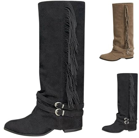 Cowboy stövlar dam med fransar, stövlar dam med klack, vikt över västerländska stövlar, slouchy vida stövlar, mode skaftstövlar, bekväma slip-stövlar, breda fötter, damstövlar, lediga vinterstövlar