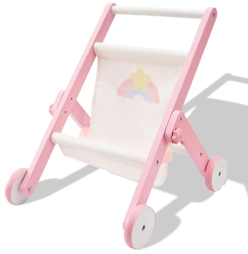 FUNLIO Wooden Doll Stroller for Toddlers 12 Months+, Adorable Pink Baby Doll Strollers for Pretend Play, Rounded Corner & Stable Triangular Structure, Easy to Assemble & Fold, CPC & CE Certified