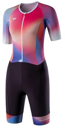 MY KILOMETRE Tuta da Triathlon Donna Corte Maniche – Asciugatura Rapida Trisuit con Cerniera Frontale Completa Tasche Posteriori per Nuoto, Ciclismo e Corsa UPF 50+