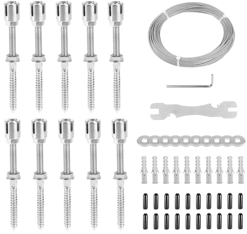 EXLECO Enrejado de Alambre Plantas Trepadoras, Kit de Enrejado de Alambre de Acero Inoxidable 316 con 10 Soportes & Cuerda 16M x 3mm, Soporte para Plantas Trepadoras Pared para Rosas Vides Tomates